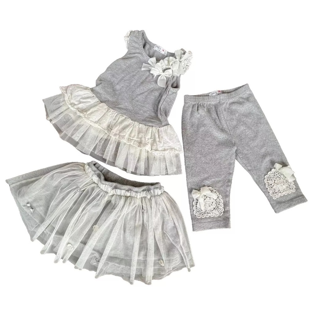 4t Girls Mae Li Rose - Gray & White 3pc Set EUC Skirt, top, & leggings